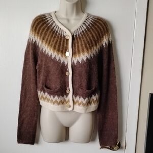 J Crew Wool Blend Fair Isle Crop Cardi S Brown Cream